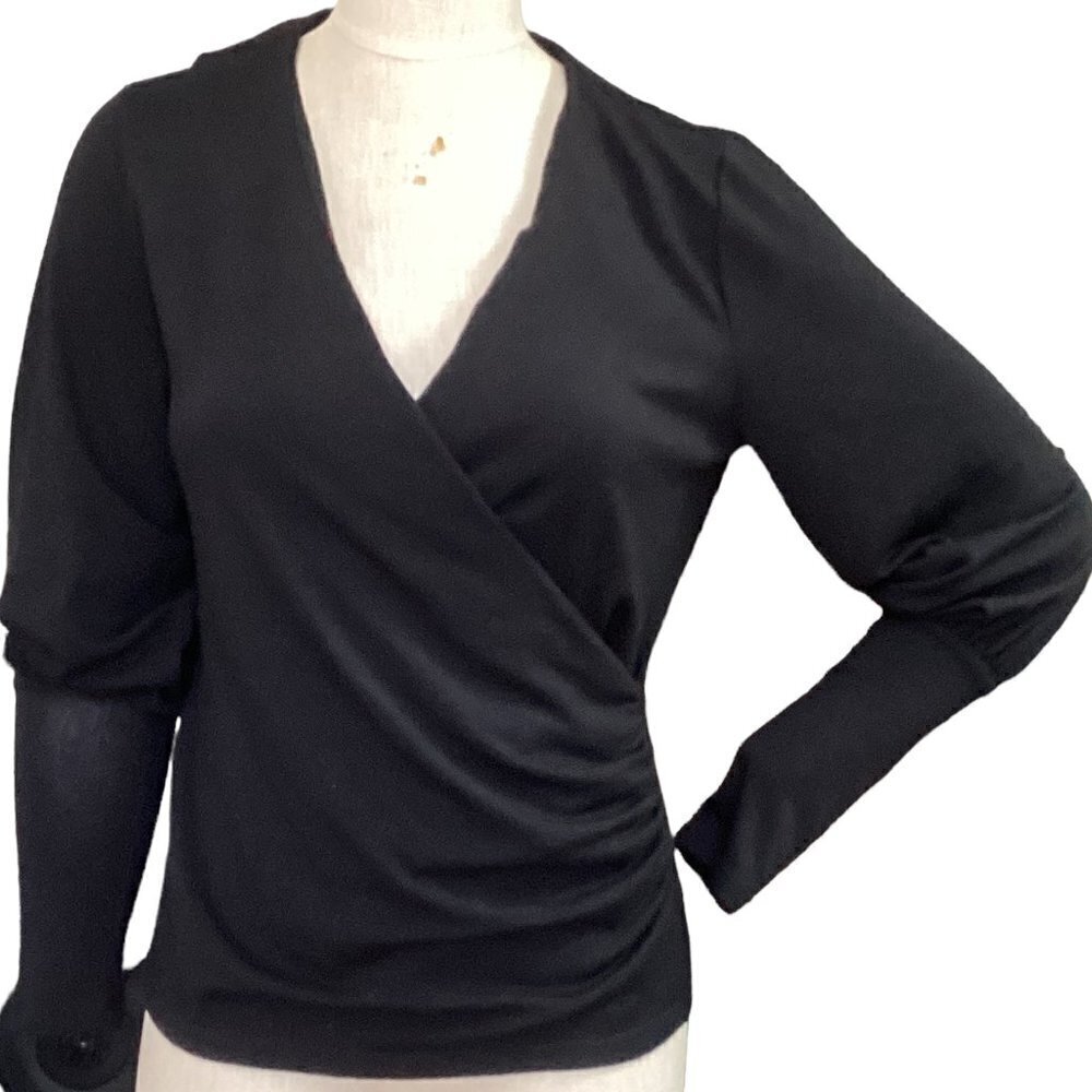 Ann‎ Taylor Faux Wrap V-Neck Juliet Sleeve Top S Black #27V